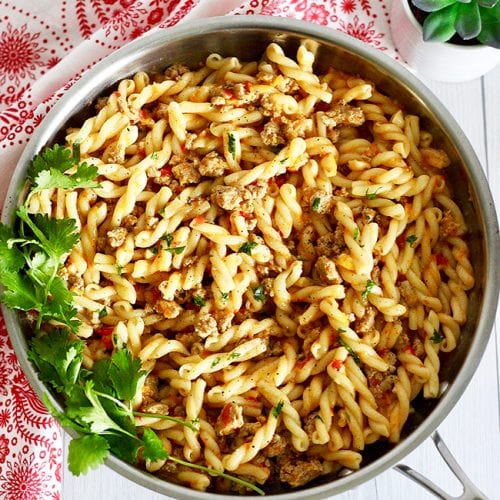 Tri-Pepper Turkey Pasta full photo in skillet