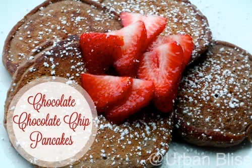 Chocolate chocolate chip pancakes are a decadent, delicious way to celebrate special mornings! Recipe on UrbanBlissLife.com