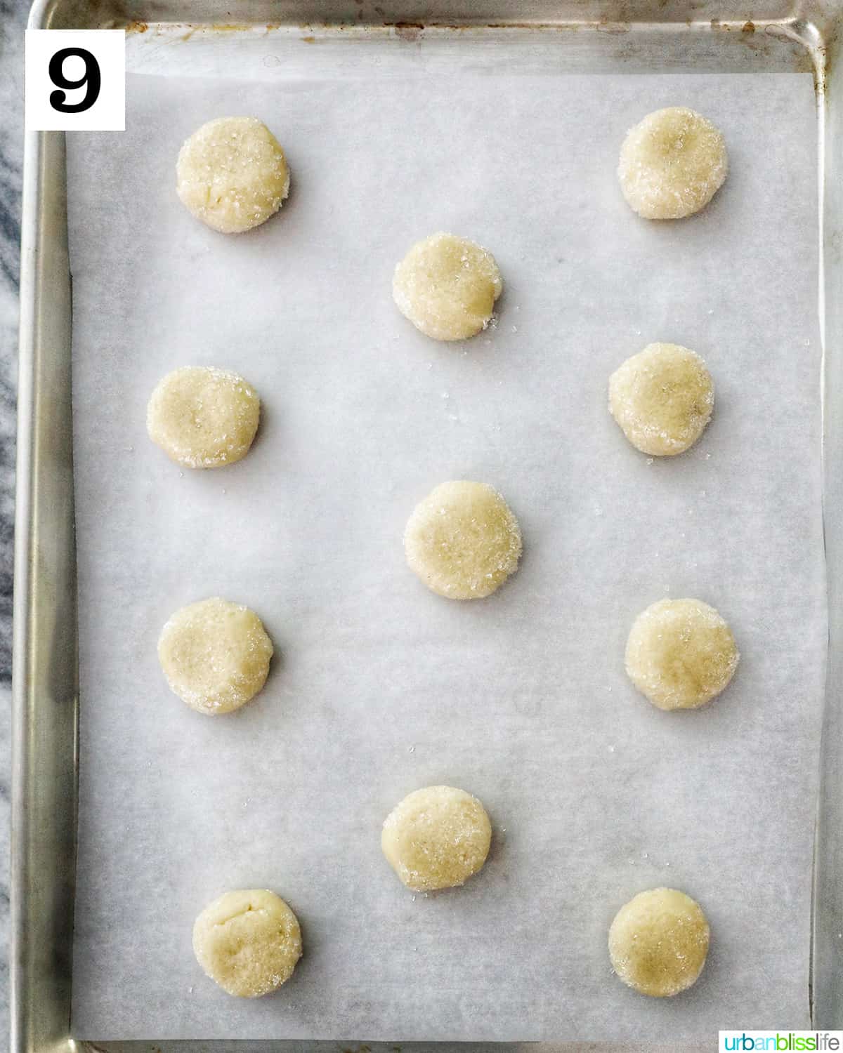 several rows of round almond sugar cookie dough balls on parchment paper on a baking sheet.