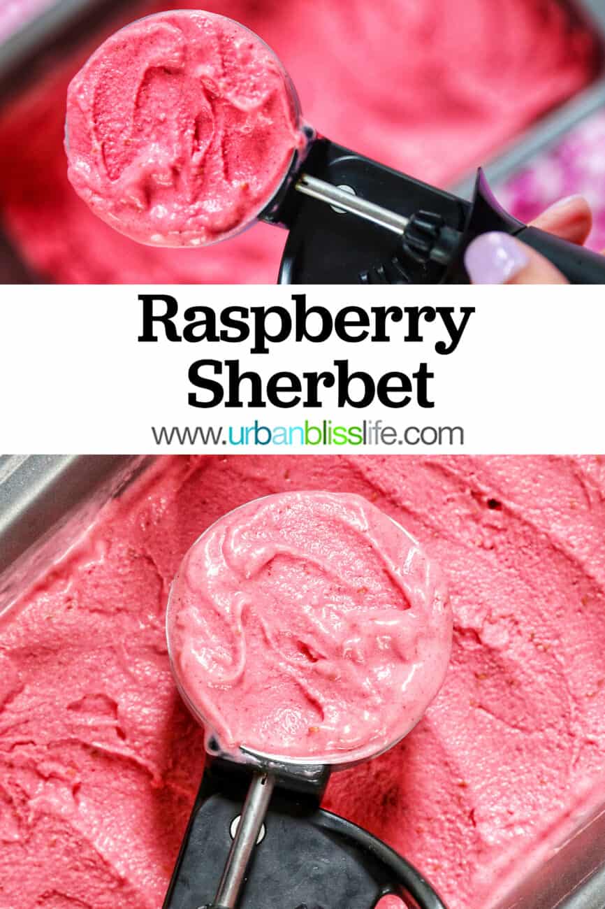 large ice cream scoop filled with raspberry sherbet with pan of sherbet in the background and title text overlay.