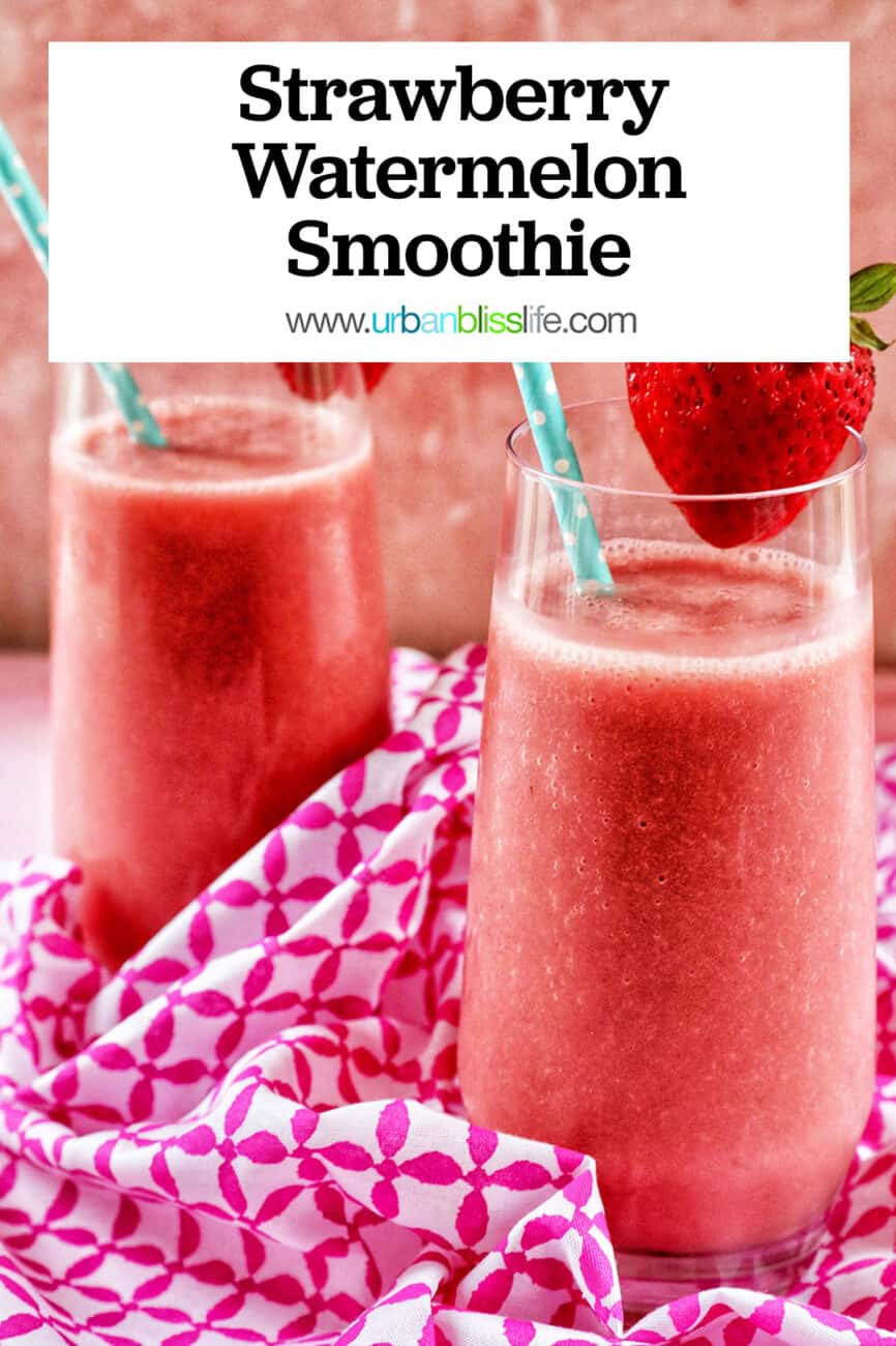 two tall glasses of strawberry watermelon smoothies with title text overlay.