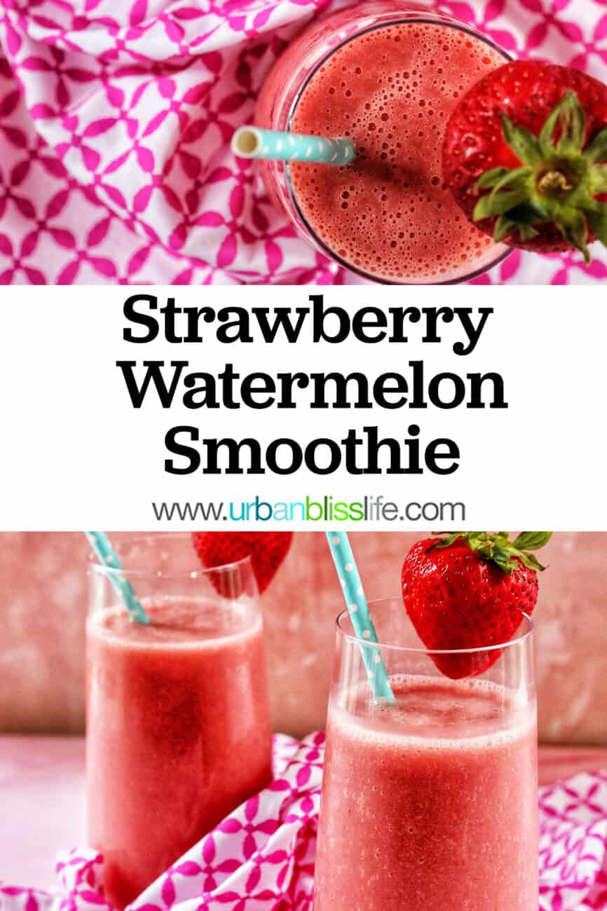 two tall glasses of strawberry watermelon smoothies with title text overlay.