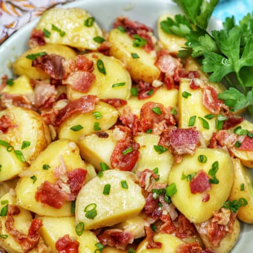 farther away photo of bowl of baby potato salad with bacon