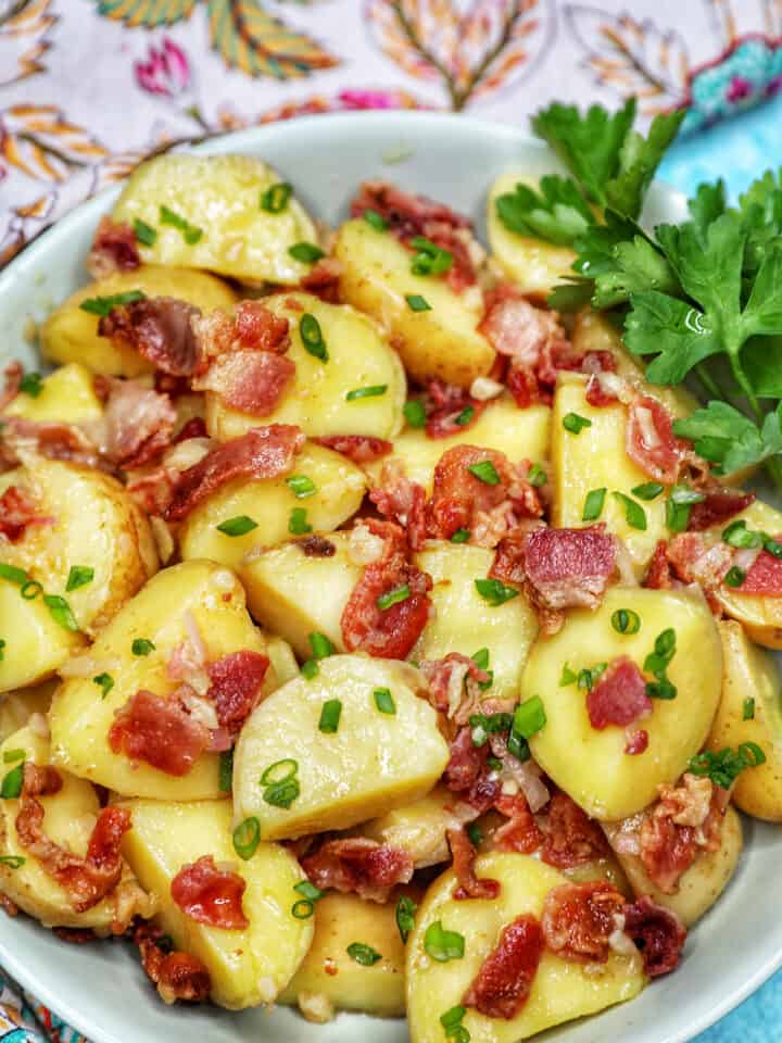 farther away photo of bowl of baby potato salad with bacon