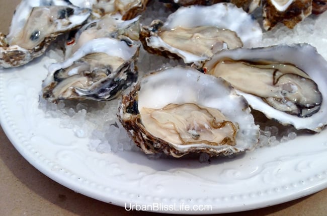 plate of oysters on ice.