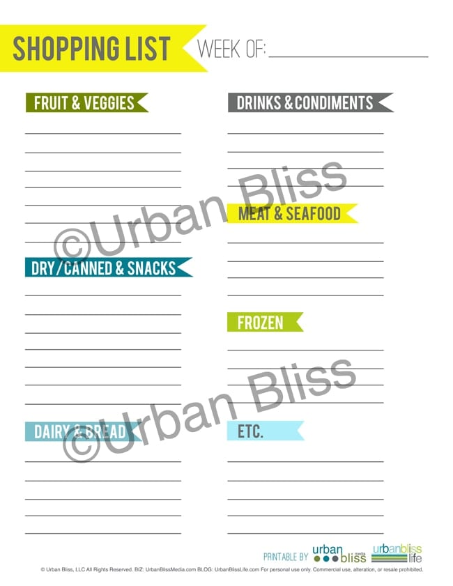 printable grocery list in a printable meal planner set