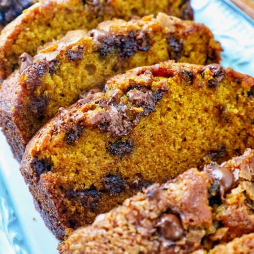 sliced chocolate chip pumpkin bread.