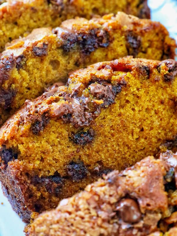 sliced chocolate chip pumpkin bread.