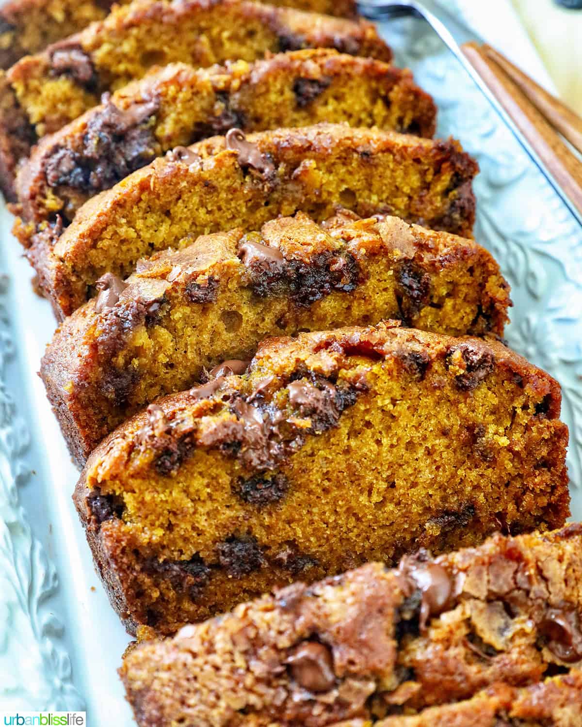 sliced chocolate chip pumpkin bread.