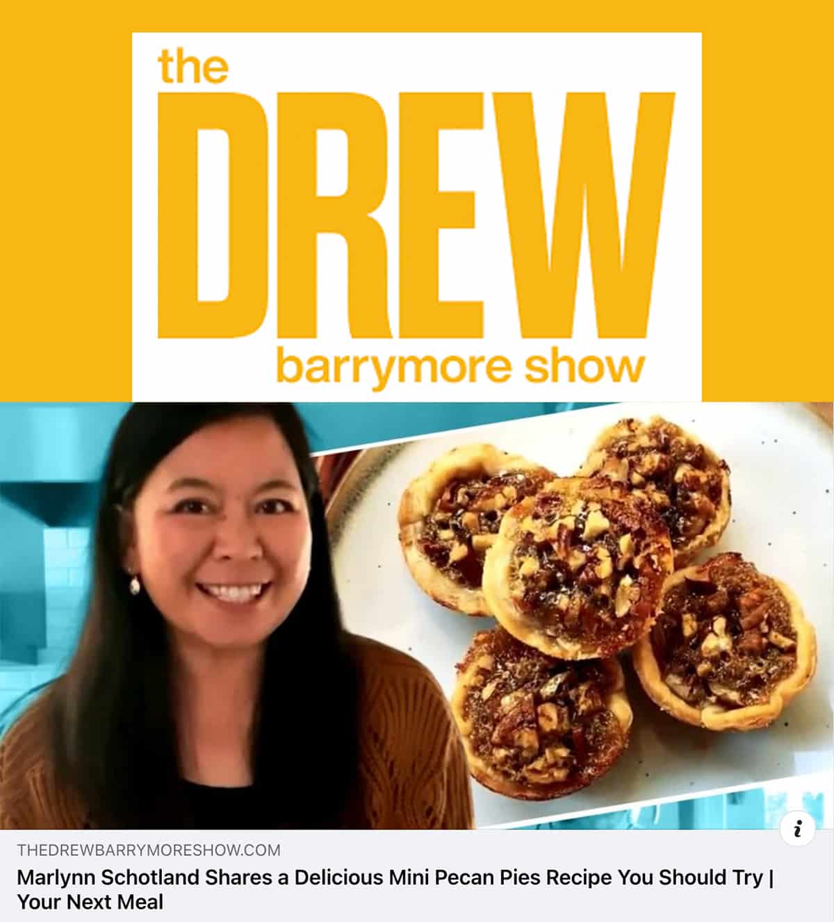 Marlynn Schotland on Drew Barrymore Show making Mini Pecan Pies.