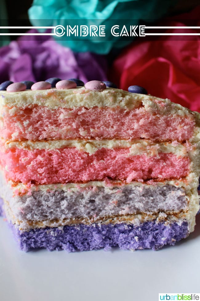 pink and purple ombre cake sliced open with white frosting and topped with M & Ms.