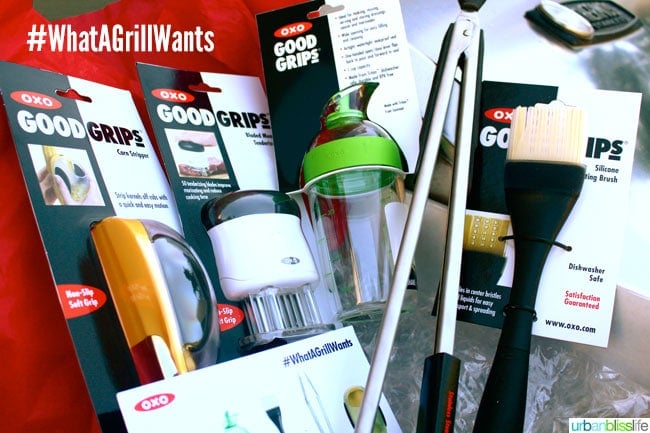 several OXO Grilling Tools such as tongs, basting brucsh, and salad dressing container.