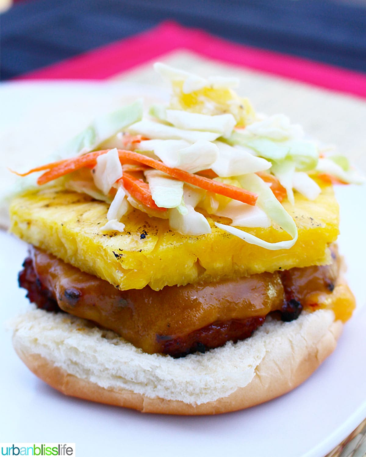 teriyaki turkey burger with asian pineapple slaw