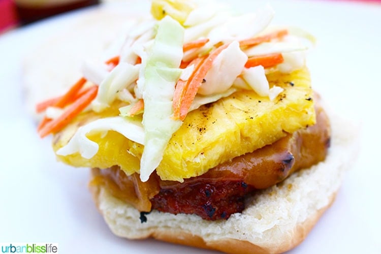 landscape photo of teriyaki turkey burger with asian pineapple slaw