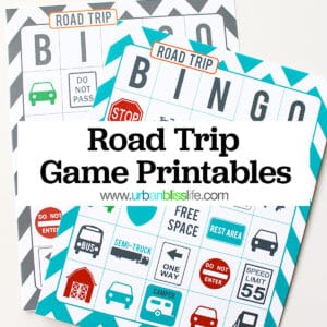 Road trip printable bingo cards with title text that reads "Road Trip Game Printables."