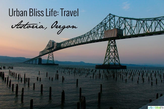 scenic bridge in Astoria, Oregon against a sunset.