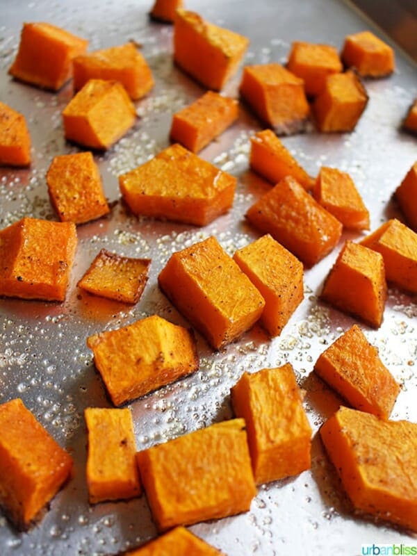 butternut squash cubes roasting pan