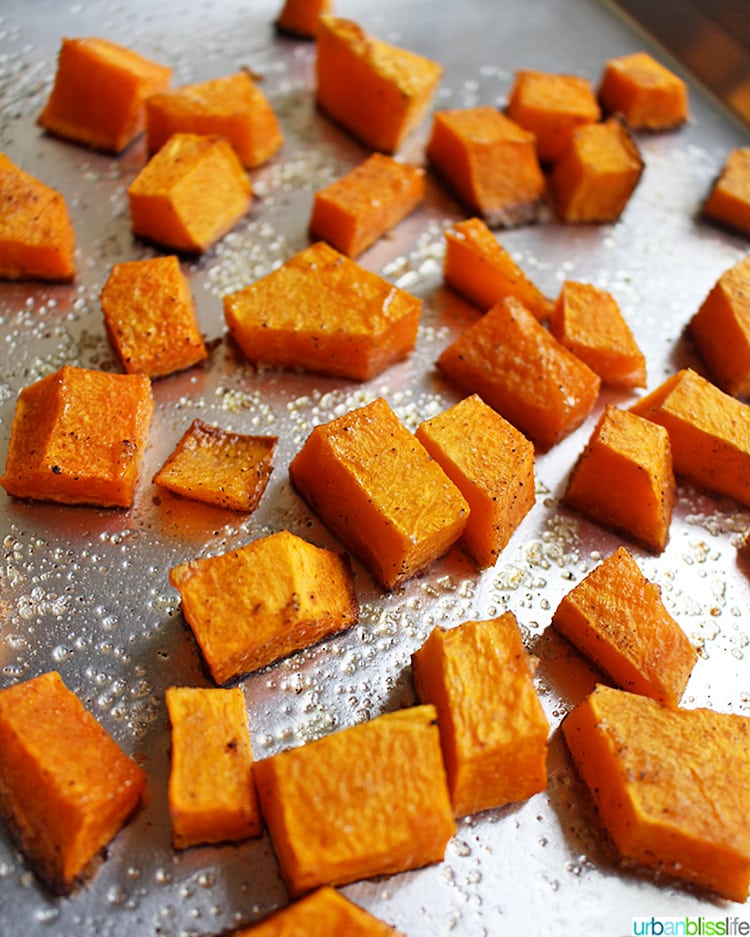 butternut squash cubes roasting pan