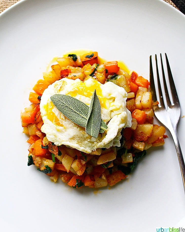 Butternut Squash Hash topped with sage and egg