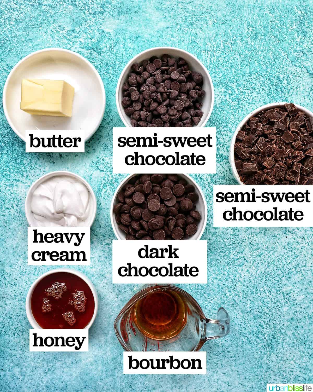 ingredients to make stack of chocolate honey bourbon truffles.