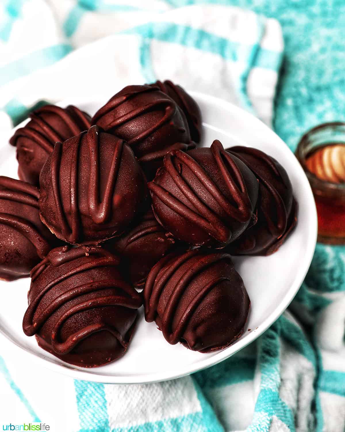 stack of chocolate honey bourbon truffles