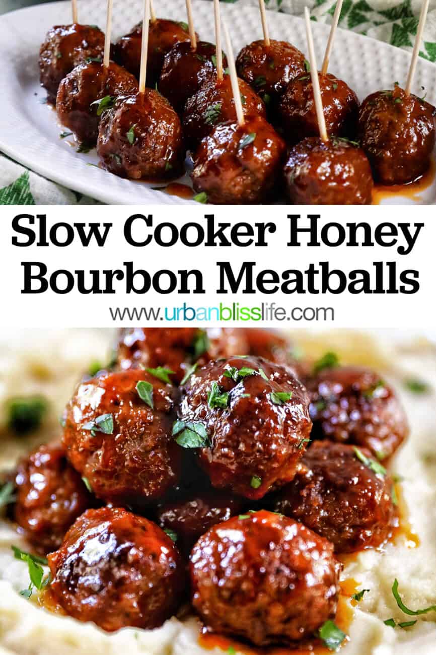 side view of several slow cooker honey bourbon meatballs on top of mashed potatoes and with chopped parsley garnish with title text overlay.