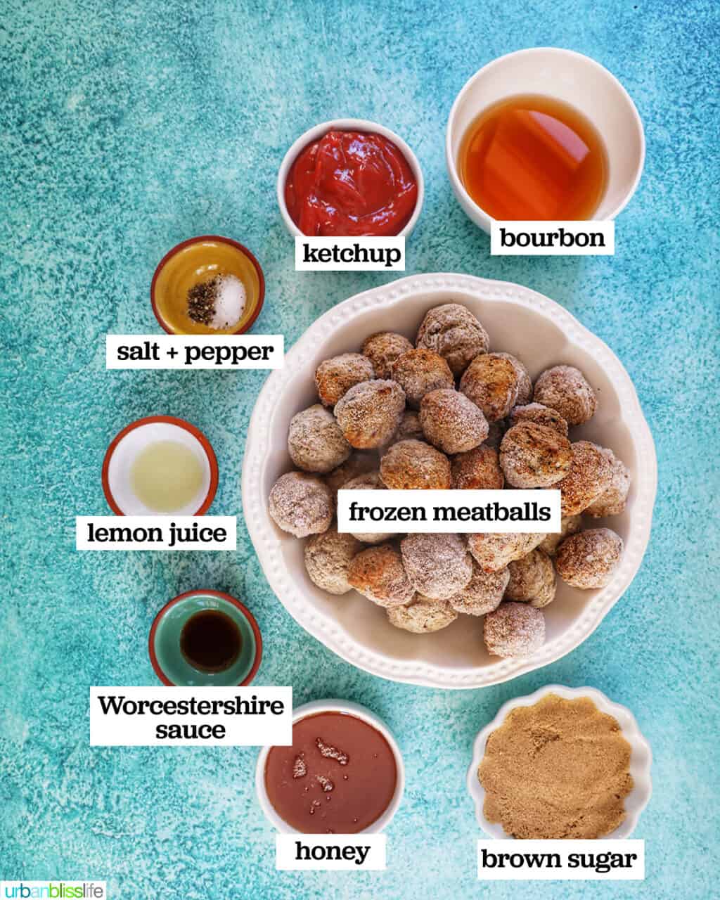 several bowls of ingredients to make slow cooker honey bourbon meatballs on a bright blue background.