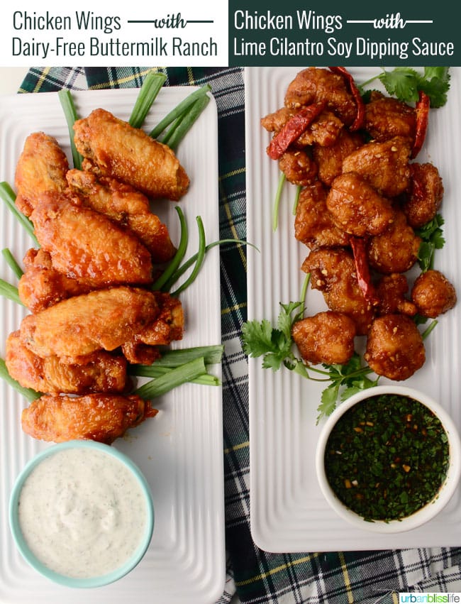 chicken wing dipping sauces: dairy-free buttermilk ranch and lime cilantro soy