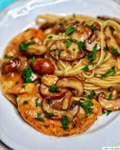 plate of classic Chicken Marsala and pasta