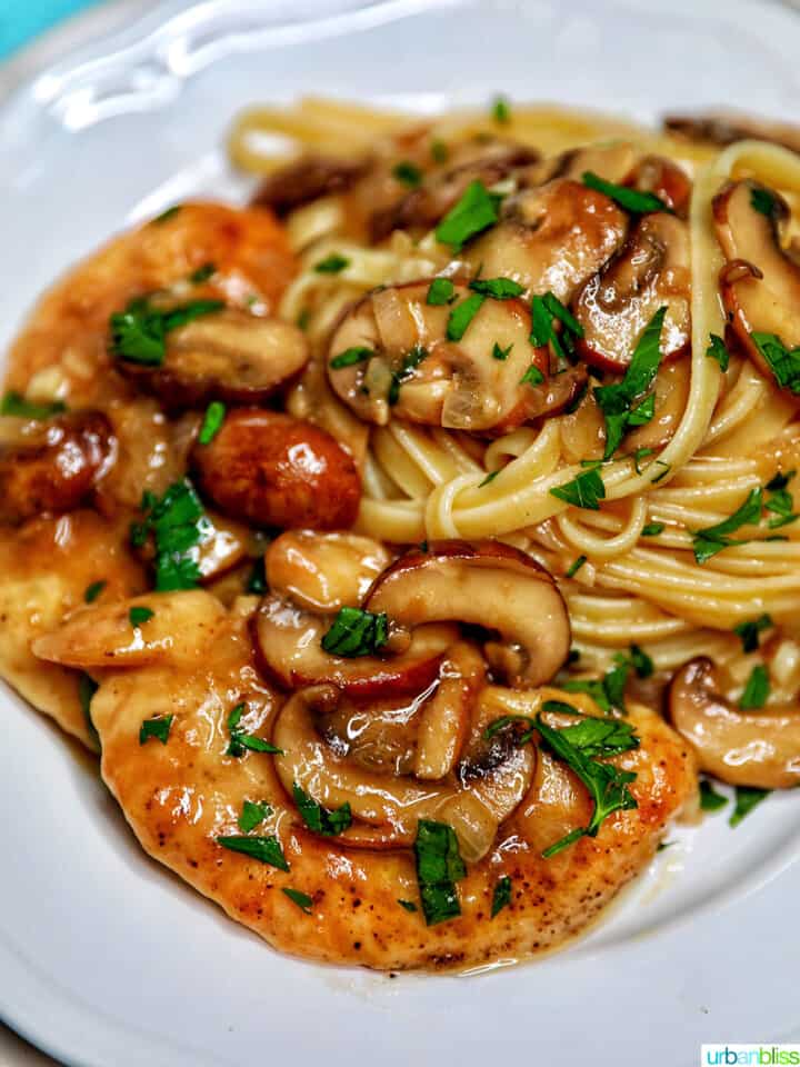 plate of classic Chicken Marsala and pasta