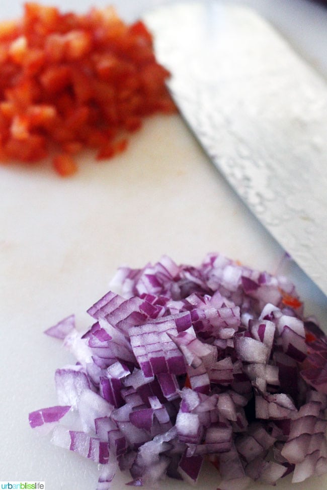 chopped red onions and peppers