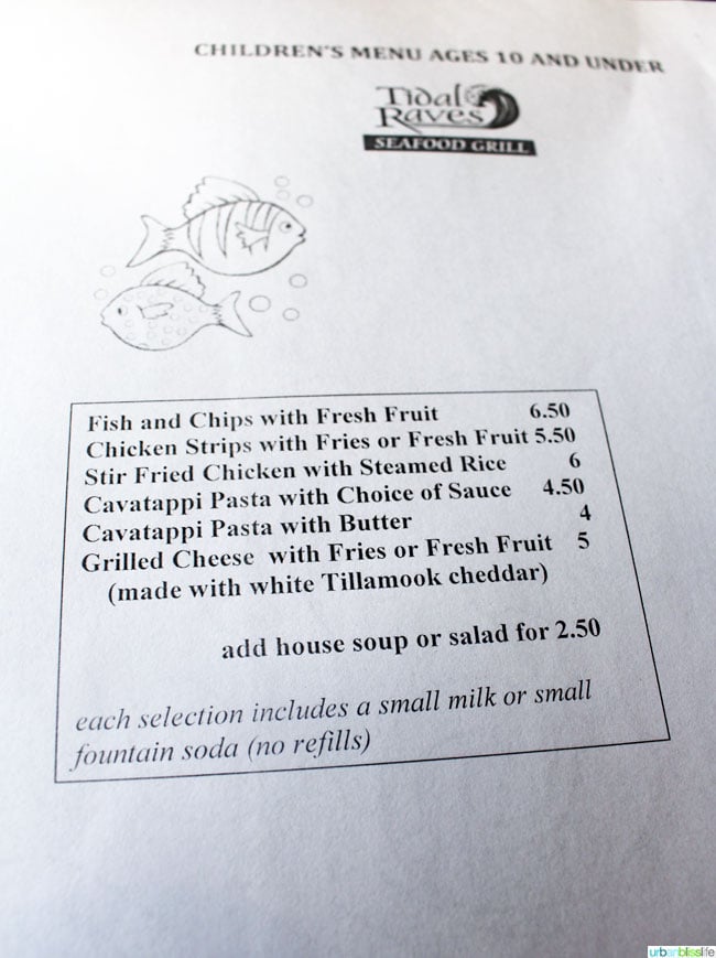 Tidal Raves restaurant Childrens Menu