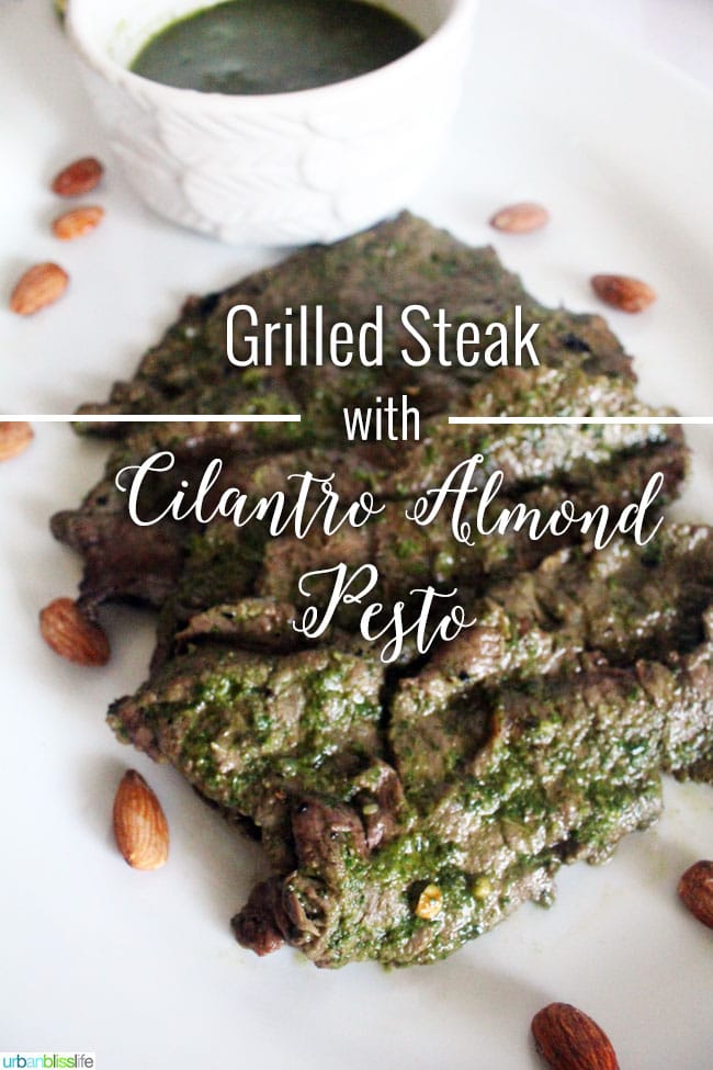 Steak Pesto Recipe: Grilled Steak with Cilantro Almond Pesto on UrbanBlissLife.com