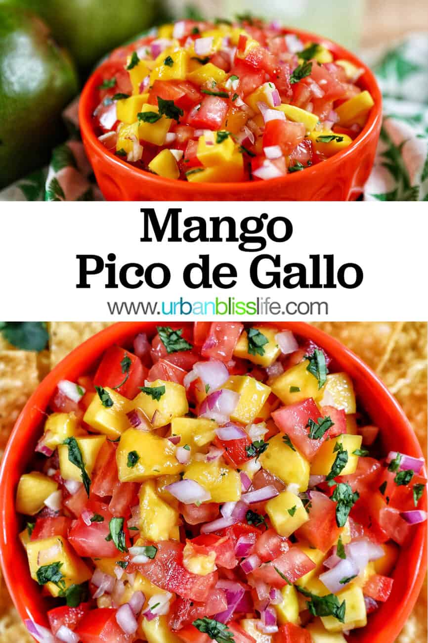 orange bowl filled with mango pico de gallo with title text overlay.