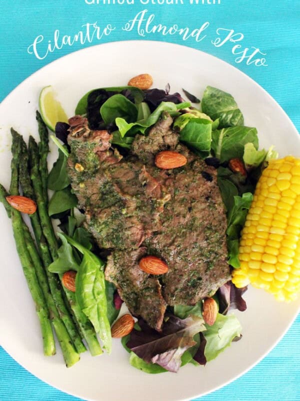 Grilled Steak with Cilantro Almond Pesto on UrbanBlissLife.com