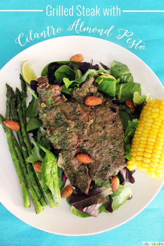 Grilled Steak with Cilantro Almond Pesto on UrbanBlissLife.com