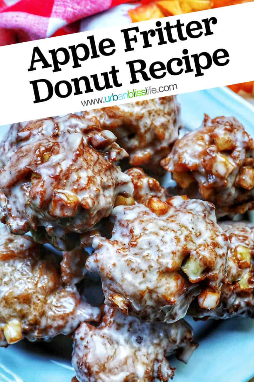 apple fritter donuts stacked on top of each other on a plate with title text.