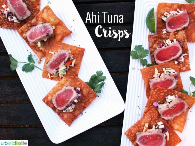 Ahi Tuna Appetizer Crisps on two white appetizer plates