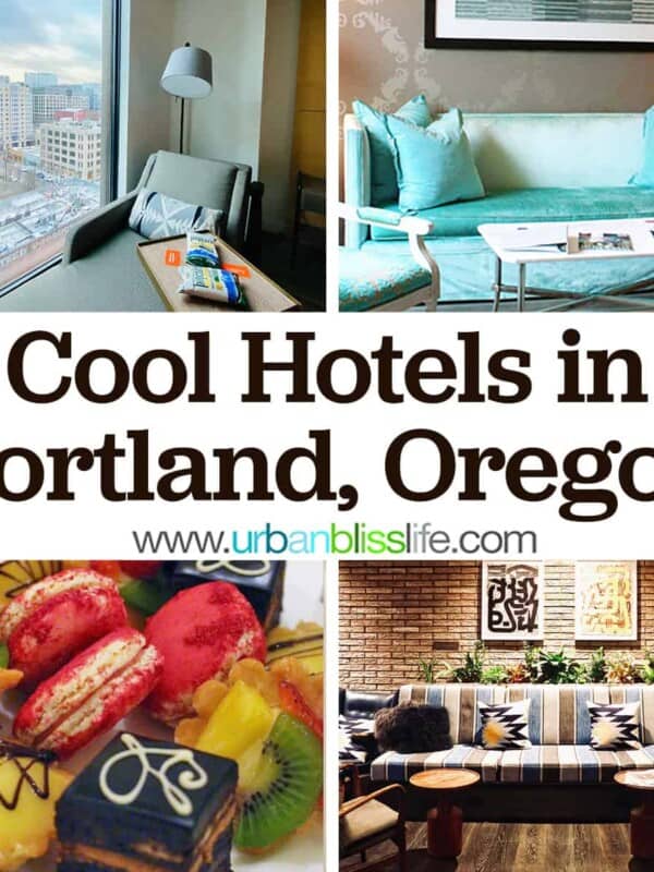 four photos of Portland hotels: room view, sitting area, fruit tray, and business center with title text that reads "Cool hotels in Portland, Oregon"