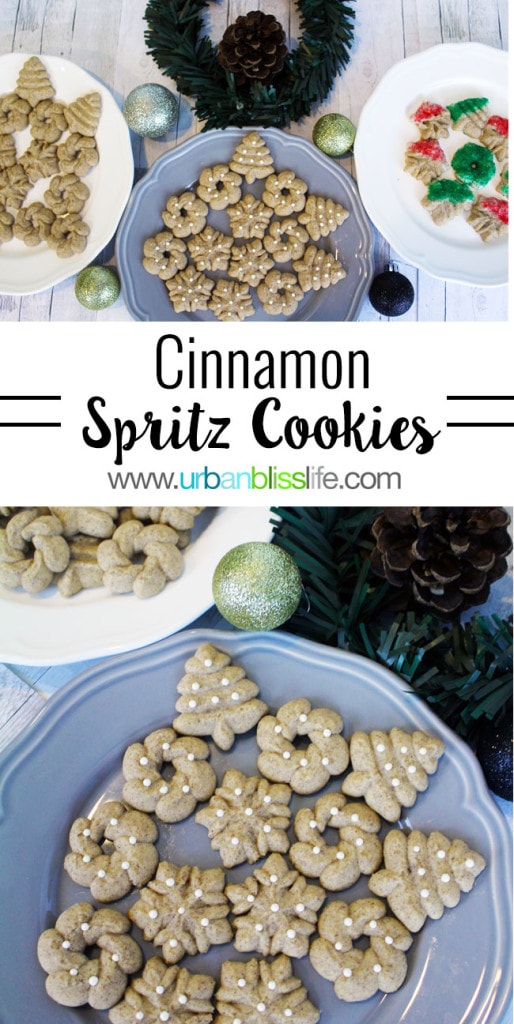 Cinnamon Spritz Cookies on plates with title text overlay.