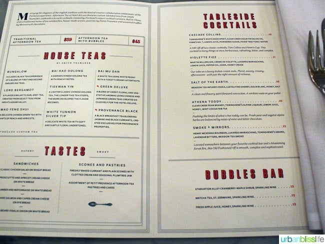 Hotel deLuxe Tea menu