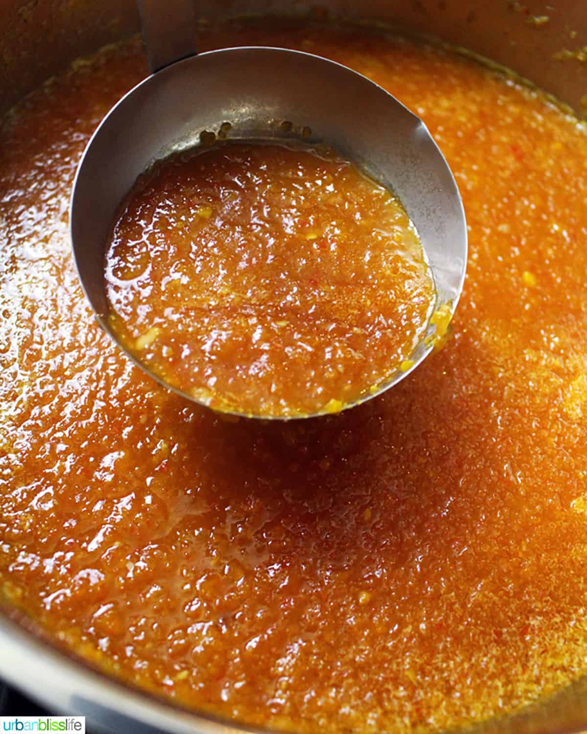 a ladle with sweet chili dipping sauce above a large pot full of the homemade chili sauce.