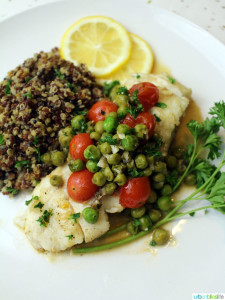 Wild Alaskan Halibut Poached with Tomatoes and Peas Wine Sauce, recipe on UrbanBlissLife.com