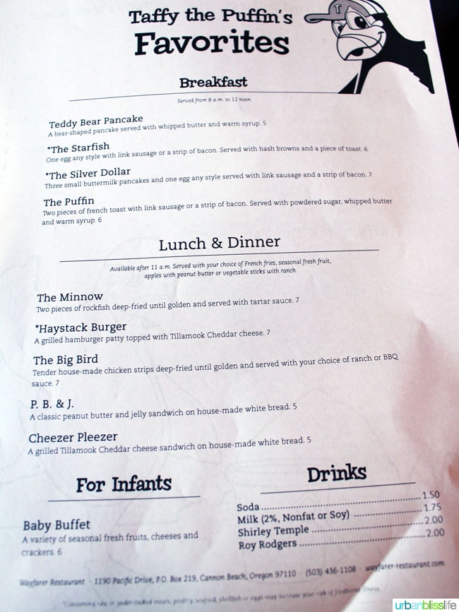 kids menu at Wayfarer Restaurant in Cannon Beach