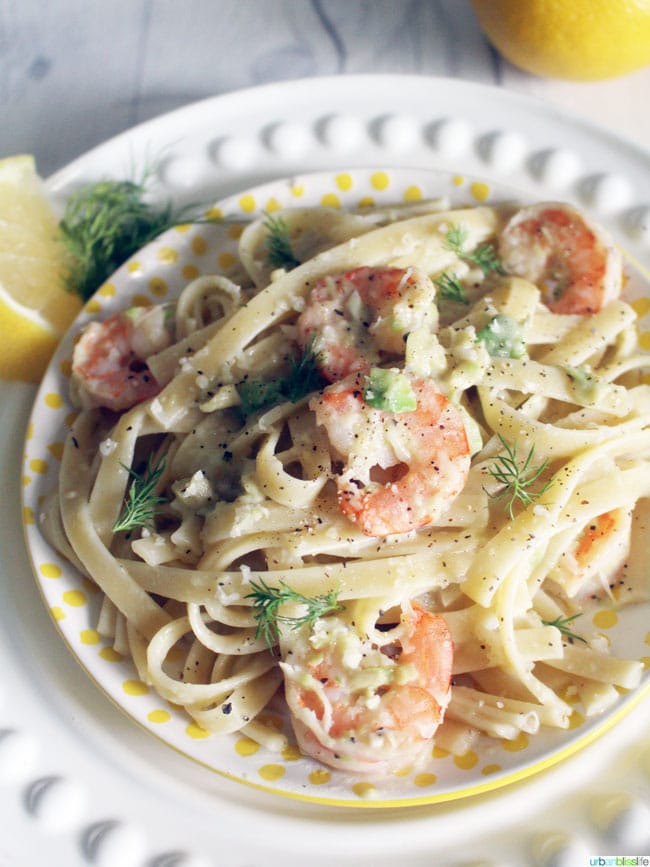 Shrimp avocado pasta on plate