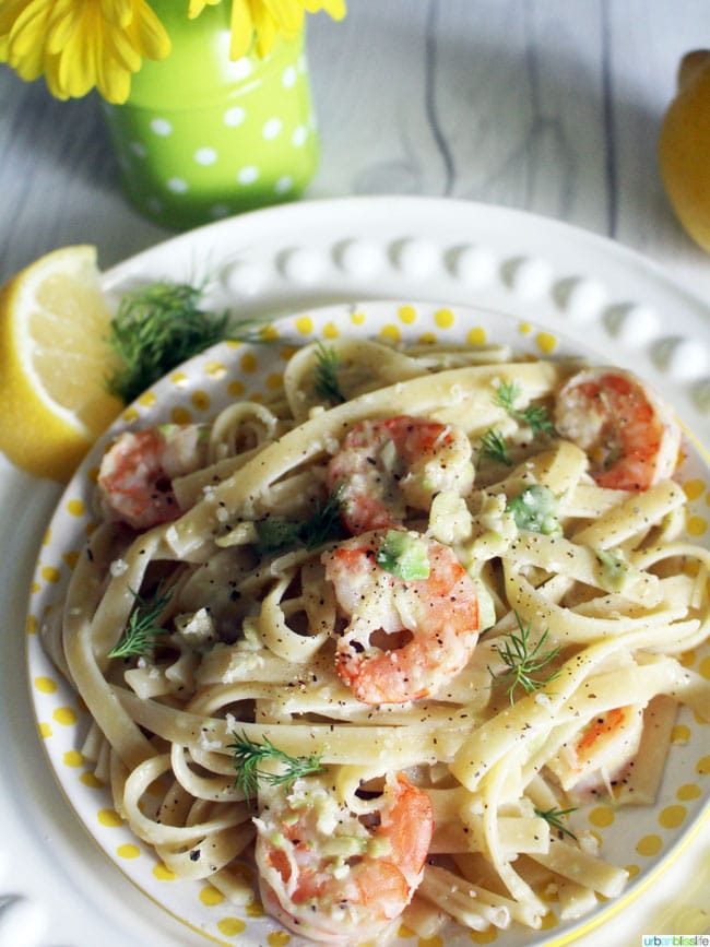 Shrimp Fettucine with Creamy Avocado Sauce recipe on UrbanBlissLife.com