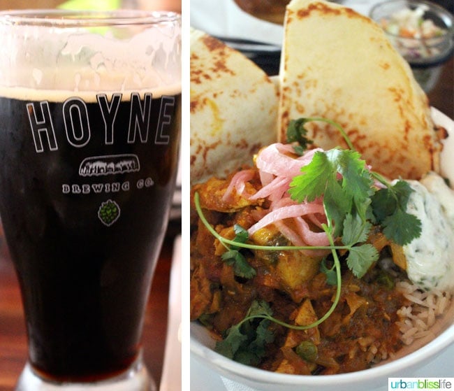 large stout beer and the curry bowl at 10 Acres Commons restaurant in Victoria BC Canada.