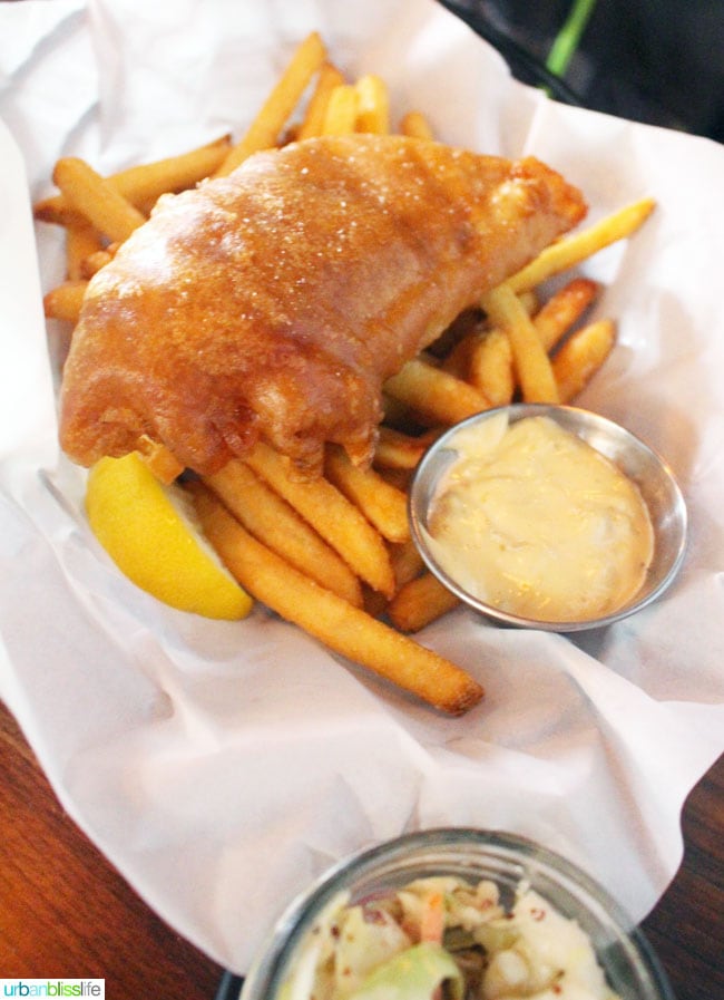 fish and chips at 10 Acres Commons restaurant in Victoria BC Canada.