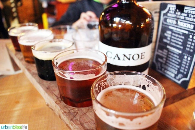 beer sampler tray at Canoe Brewery in Victoria British Columbia, Canada..