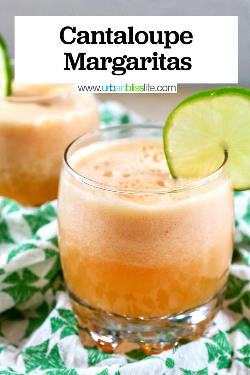 two glasses of cantaloupe melon margarita with lime slice garnish and title text overlay.
